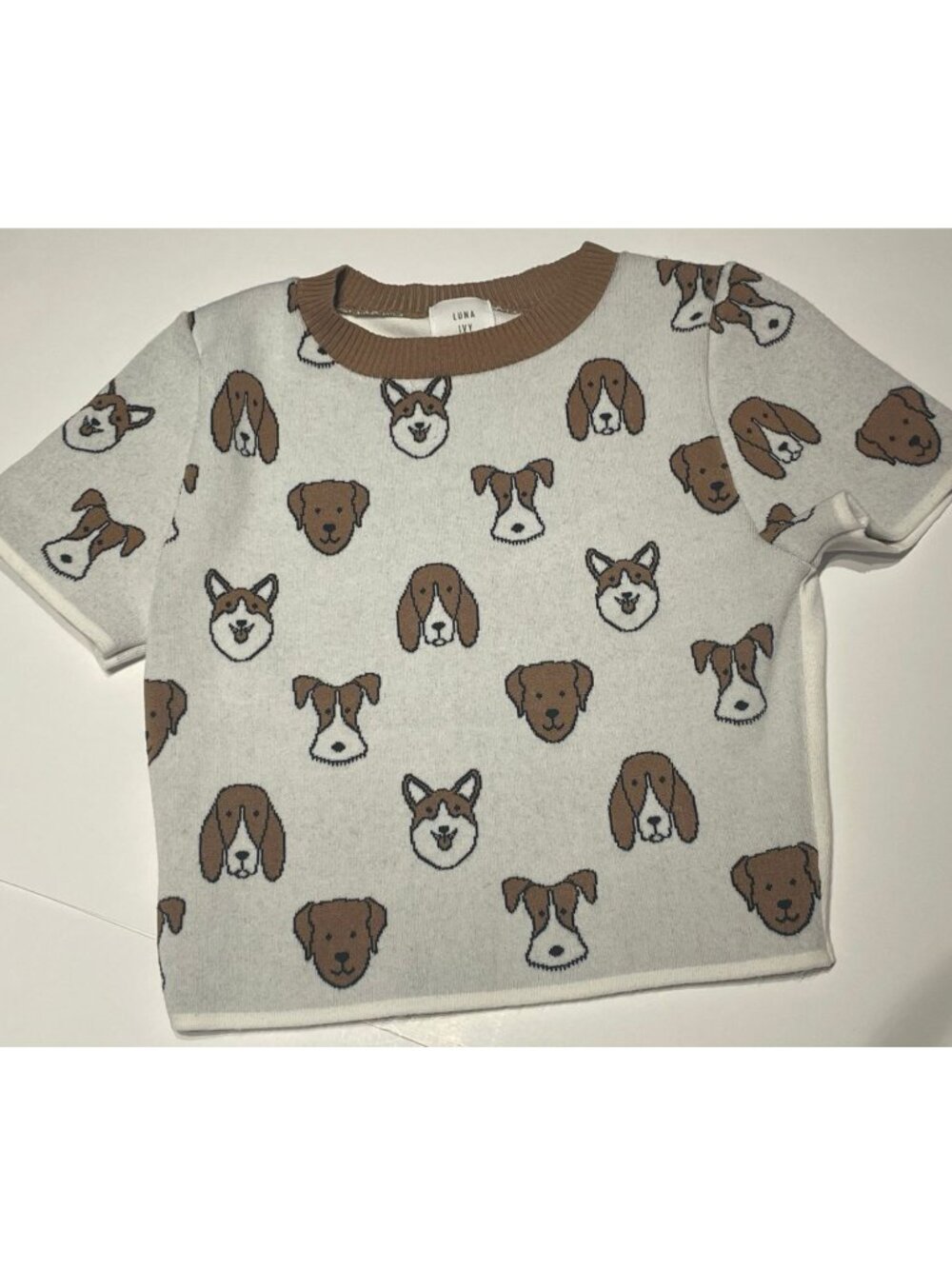 Luna Ivy Short Sleeve Dog Print Crop Knit Sweater